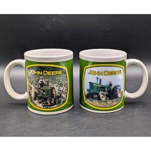Set of 2 John Deere Coffee Tea Cup Mug Houston Harvest Green Yellow White 10 oz